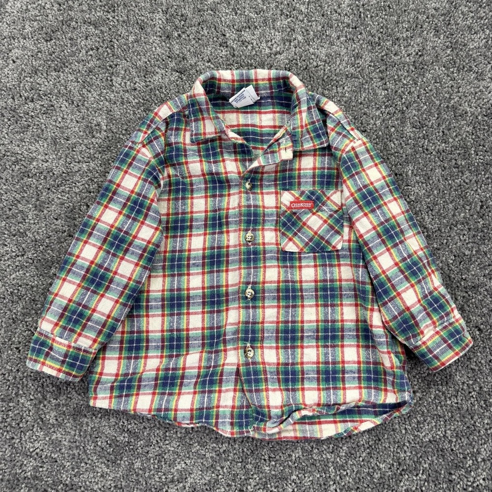 Vtg OshKosh Shirt Kids 3T Multicolor Plaid Flannel Long Sleeve Button Up USA